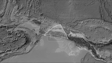 Téléchargez les photos : Plaque tectonique maoïque et limites des plaques adjacentes sur la carte d'élévation en niveaux de gris dans la projection cylindrique (oblique) Patterson - en image libre de droit