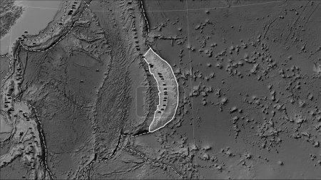 Foto de Localizaciones de terremotos en las proximidades de la placa tectónica de Mariana superior a la magnitud 6,5 registrada desde principios del siglo XVII en el mapa de elevación a escala de grises en la proyección cilíndrica (oblicua) de Patterson - Imagen libre de derechos