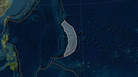 Foto de Distribución de volcanes conocidos alrededor de la placa tectónica de Mariana en el mapa satélite de mármol azul en la proyección cilíndrica Patterson (oblicua) - Imagen libre de derechos