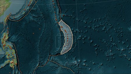 Foto de Ubicaciones de terremotos en las proximidades de la placa tectónica de Mariana de mayor magnitud 6.5 registradas desde principios del siglo XVII en el mapa de elevación de estilo Wiki en la proyección cilíndrica Patterson (oblicua) - Imagen libre de derechos