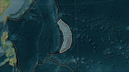 Foto de Distribución de volcanes conocidos alrededor de la placa tectónica de Mariana en el mapa de elevación de estilo Wiki en la proyección cilíndrica Patterson (oblicua) - Imagen libre de derechos