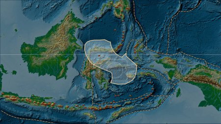 Foto de Ubicaciones de terremotos en las proximidades de la placa tectónica del Mar de Molucas de mayor magnitud 6.5 registrada desde principios del siglo XVII en el mapa de elevación física en la proyección cilíndrica Patterson (oblicua) - Imagen libre de derechos