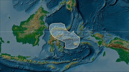 Téléchargez les photos : Forme de la plaque tectonique de la mer Moluque sur la carte physique de l'altitude dans la projection cylindrique (oblique) Patterson - en image libre de droit