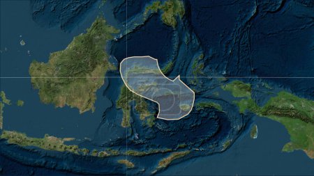 Téléchargez les photos : Forme de la plaque tectonique de la mer Moluque sur la carte satellite Blue Marble dans la projection cylindrique (oblique) Patterson - en image libre de droit