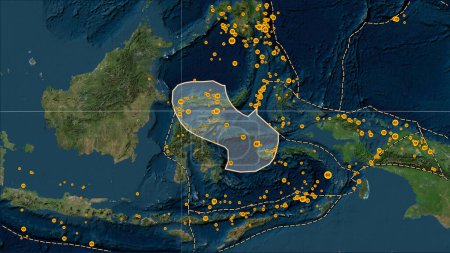 Téléchargez les photos : Limites des plaques tectoniques adjacentes à la plaque tectonique de la mer Moluque sur la carte satellite Blue Marble dans la projection cylindrique (oblique) Patterson - en image libre de droit
