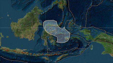 Foto de Localizaciones de terremotos en las proximidades de la placa tectónica del Mar de Molucas mayor que la magnitud 6.5 registrada desde principios del siglo XVII en el mapa satelital de mármol azul en la proyección cilíndrica Patterson (oblicua) - Imagen libre de derechos