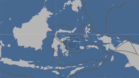 Foto de Placa tectónica del Mar de Molucas y los límites de las placas adyacentes en el mapa de contorno sólido en la proyección cilíndrica Patterson (oblicua) - Imagen libre de derechos
