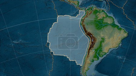 Foto de Distribución de volcanes conocidos alrededor de la placa tectónica de Nazca en el mapa de elevación física en la proyección cilíndrica Patterson (oblicua) - Imagen libre de derechos