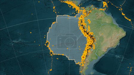 Téléchargez les photos : Limites des plaques tectoniques adjacentes à la plaque tectonique Nazca sur la carte d'élévation de style Wiki dans la projection cylindrique (oblique) Patterson - en image libre de droit