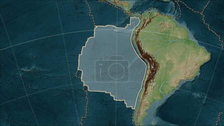 Foto de Distribución de volcanes conocidos alrededor de la placa tectónica de Nazca en el mapa de elevación de estilo Wiki en la proyección cilíndrica (oblicua) de Patterson - Imagen libre de derechos