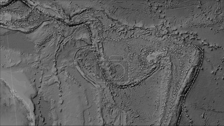 Téléchargez les photos : Nouvelle plaque tectonique des Hébrides et limites des plaques adjacentes sur la carte d'élévation en niveaux de gris dans la projection cylindrique (oblique) de Patterson - en image libre de droit