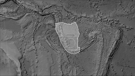 Téléchargez les photos : Distribution of known volcanoes around the New Hebrides tectonic plate on the grayscale elevation map in the Patterson Cylindrical (oblique) projection - en image libre de droit