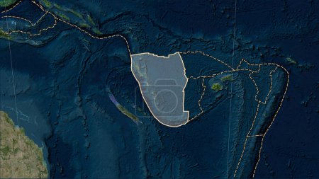 Téléchargez les photos : Distribution of known volcanoes around the New Hebrides tectonic plate on the Blue Marble satellite map in the Patterson Cylindrical (oblique) projection - en image libre de droit