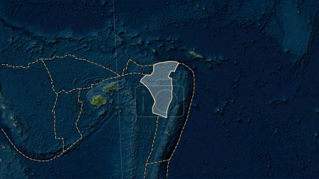 Foto de Distribución de volcanes conocidos alrededor de la placa tectónica Niuafo 'ou en el mapa satélite de mármol azul en la proyección cilíndrica Patterson (oblicua) - Imagen libre de derechos