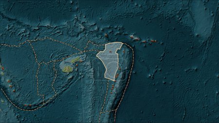 Téléchargez les photos : Emplacements des tremblements de terre à proximité de la plaque tectonique Niuafo'ou de plus de magnitude 6,5 enregistrés depuis le début du XVIIe siècle sur la carte d'altitude de style Wiki dans la projection cylindrique (oblique) Patterson - en image libre de droit