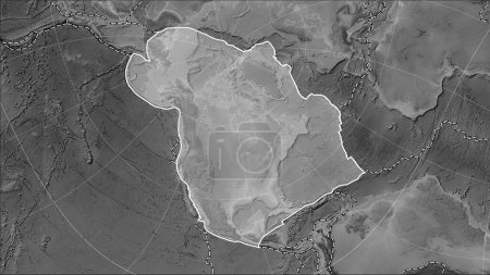 Téléchargez les photos : Distribution of known volcanoes around the North American tectonic plate on the grayscale elevation map in the Patterson Cylindrical (oblique) projection - en image libre de droit