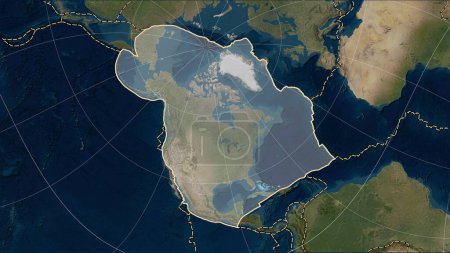 Téléchargez les photos : Distribution of known volcanoes around the North American tectonic plate on the Blue Marble satellite map in the Patterson Cylindrical (oblique) projection - en image libre de droit