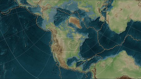 Téléchargez les photos : Plaque tectonique nord-américaine et limites des plaques adjacentes sur la carte d'élévation de style Wiki dans la projection cylindrique (oblique) Patterson - en image libre de droit