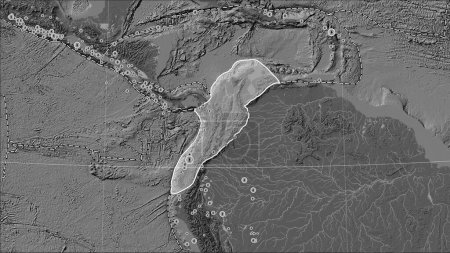 Foto de Límites de placas tectónicas adyacentes a la placa tectónica de los Andes del Norte en el mapa de elevación bilevel en la proyección cilíndrica (oblicua) de Patterson - Imagen libre de derechos