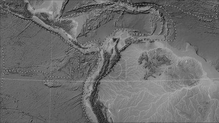 Téléchargez les photos : Plaque tectonique des Andes du Nord et limites des plaques adjacentes sur la carte d'élévation en niveaux de gris dans la projection cylindrique (oblique) de Patterson - en image libre de droit