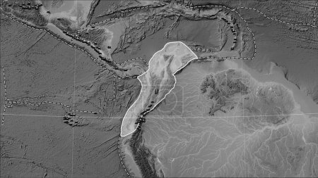 Téléchargez les photos : Emplacements des tremblements de terre à proximité de la plaque tectonique des Andes du Nord de plus de magnitude 6,5 enregistrés depuis le début du XVIIe siècle sur la carte d'élévation en niveaux de gris dans la projection cylindrique (oblique) de Patterson - en image libre de droit