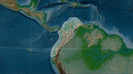 Téléchargez les photos : Forme de la plaque tectonique des Andes du Nord sur la carte physique de l'altitude dans la projection cylindrique (oblique) Patterson - en image libre de droit