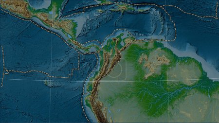 Téléchargez les photos : Plaque tectonique des Andes du Nord et limites des plaques adjacentes sur la carte physique de l'altitude dans la projection cylindrique (oblique) Patterson - en image libre de droit
