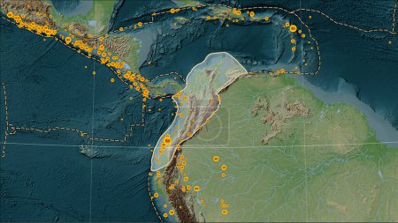 Téléchargez les photos : Limites des plaques tectoniques adjacentes à la plaque tectonique des Andes du Nord sur la carte d'élévation de style Wiki dans la projection cylindrique (oblique) Patterson - en image libre de droit