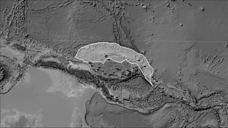 Téléchargez les photos : Distribution of known volcanoes around the North Bismarck tectonic plate on the grayscale elevation map in the Patterson Cylindrical (oblique) projection - en image libre de droit