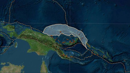 Foto de Distribución de volcanes conocidos alrededor de la placa tectónica de Bismarck Norte en el mapa satélite de mármol azul en la proyección cilíndrica (oblicua) de Patterson - Imagen libre de derechos
