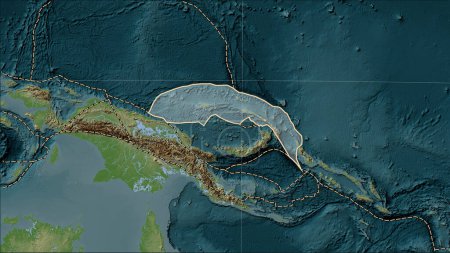 Téléchargez les photos : Plaque tectonique de North Bismarck et limites des plaques adjacentes sur la carte d'élévation de style Wiki dans la projection cylindrique (oblique) Patterson - en image libre de droit