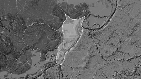 Téléchargez les photos : Distribution of known volcanoes around the Okhotsk tectonic plate on the bilevel elevation map in the Patterson Cylindrical (oblique) projection - en image libre de droit