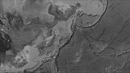 Foto de Placa tectónica de Okhotsk y los límites de las placas adyacentes en el mapa de elevación a escala de grises en la proyección cilíndrica (oblicua) de Patterson - Imagen libre de derechos