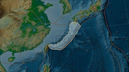 Téléchargez les photos : Distribution of known volcanoes around the Okinawa tectonic plate on the physical elevation map in the Patterson Cylindrical (oblique) projection - en image libre de droit