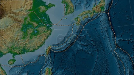Photo for Okinawa tectonic plate and the boundaries of adjacent plates on the physical elevation map in the Patterson Cylindrical (oblique) projection - Royalty Free Image