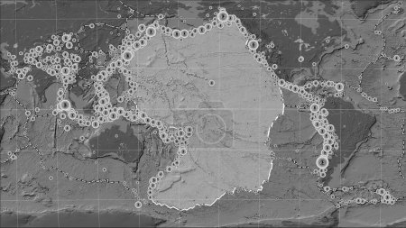 Téléchargez les photos : Limites des plaques tectoniques adjacentes à la plaque tectonique du Pacifique sur la carte de l'élévation bilevel dans la projection cylindrique (oblique) Patterson - en image libre de droit