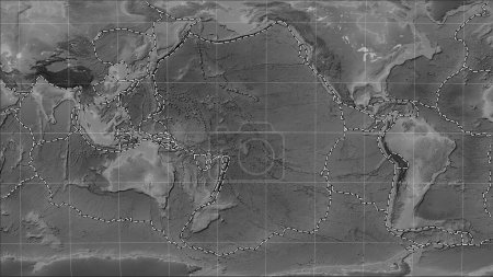 Téléchargez les photos : Plaque tectonique du Pacifique et limites des plaques adjacentes sur la carte d'élévation en niveaux de gris dans la projection cylindrique (oblique) de Patterson - en image libre de droit