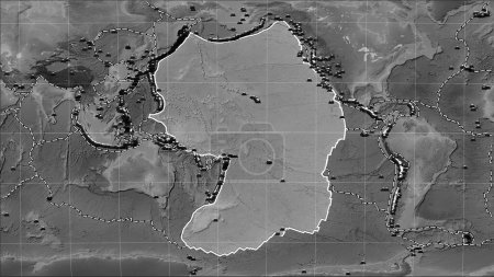Photo for Locations of earthquakes in the vicinity of the Pacific tectonic plate greater than magnitude 6.5 recorded since the early 17th century on the grayscale elevation map in the Patterson Cylindrical (oblique) projection - Royalty Free Image