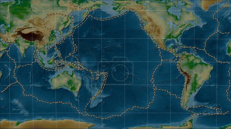 Téléchargez les photos : Plaque tectonique du Pacifique et limites des plaques adjacentes sur la carte physique de l'altitude dans la projection cylindrique (oblique) Patterson - en image libre de droit