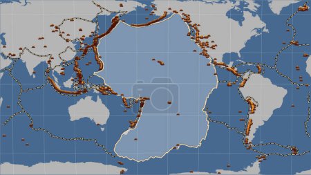 Téléchargez les photos : Emplacements des tremblements de terre à proximité de la plaque tectonique du Pacifique de plus de magnitude 6,5 enregistrés depuis le début du XVIIe siècle sur la carte des contours solides dans la projection cylindrique (oblique) de Patterson - en image libre de droit