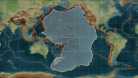 Foto de Ubicaciones de terremotos en las proximidades de la placa tectónica del Pacífico de mayor magnitud 6.5 registradas desde principios del siglo XVII en el mapa de elevación de estilo Wiki en la proyección cilíndrica Patterson (oblicua) - Imagen libre de derechos