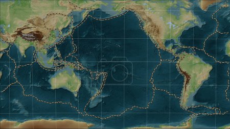 Téléchargez les photos : Plaque tectonique du Pacifique et limites des plaques adjacentes sur la carte d'élévation de style Wiki dans la projection cylindrique (oblique) Patterson - en image libre de droit