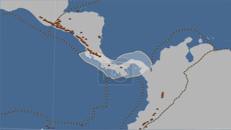 Foto de Localizaciones de terremotos en las cercanías de la placa tectónica de Panamá de mayor magnitud 6,5 registrados desde principios del siglo XVII en el mapa de contorno sólido en la proyección cilíndrica Patterson (oblicua) - Imagen libre de derechos