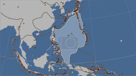 Téléchargez les photos : Emplacements des tremblements de terre à proximité de la plaque tectonique de la mer des Philippines plus grande que magnitude 6,5 enregistrée depuis le début du 17ème siècle sur la carte de contour solide dans la projection cylindrique (oblique) Patterson - en image libre de droit