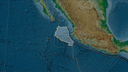 Foto de Localizaciones de sismos en las proximidades de la placa tectónica de Rivera superior a la magnitud 6,5 registrada desde principios del siglo XVII en el mapa de elevación física en la proyección cilíndrica (oblicua) de Patterson - Imagen libre de derechos