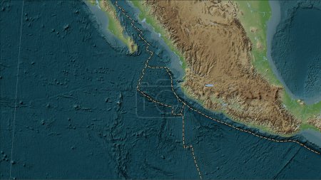 Téléchargez les photos : Plaque tectonique Rivera et limites des plaques adjacentes sur la carte d'élévation de style Wiki dans la projection cylindrique (oblique) Patterson - en image libre de droit