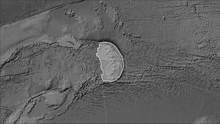 Photo for Distribution of known volcanoes around the Sandwich tectonic plate on the grayscale elevation map in the Patterson Cylindrical (oblique) projection - Royalty Free Image