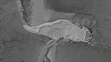 Téléchargez les photos : Limites des plaques tectoniques adjacentes à la plaque tectonique Scotia sur la carte d'élévation en niveaux de gris dans la projection cylindrique (oblique) Patterson - en image libre de droit