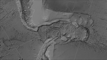 Téléchargez les photos : Scotia plaque tectonique et les limites des plaques adjacentes sur la carte de l'élévation en niveaux de gris dans la projection cylindrique (oblique) Patterson - en image libre de droit