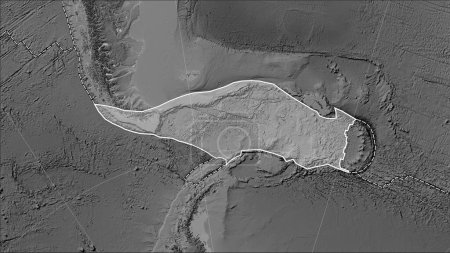 Téléchargez les photos : Distribution of known volcanoes around the Scotia tectonic plate on the grayscale elevation map in the Patterson Cylindrical (oblique) projection - en image libre de droit